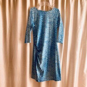 J. McLaughlin Sage Ruched Blue Leopard Print Catalina Cloth Dress, Size L